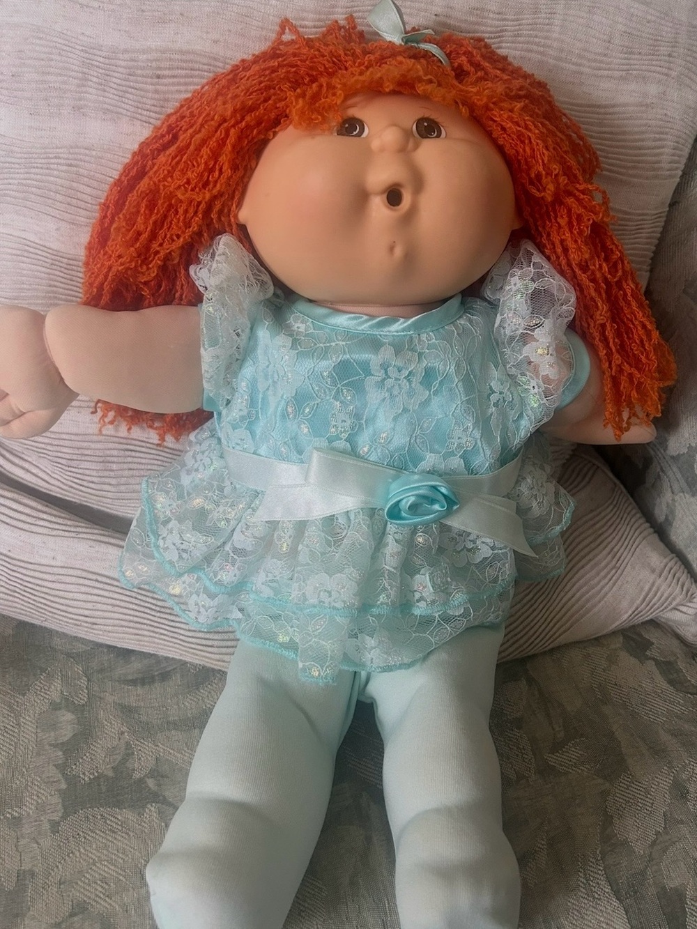 Hasbro Vintage 1990 Cabbage Patch Doll with Orange Yarn Hair w/ Mint lace dress